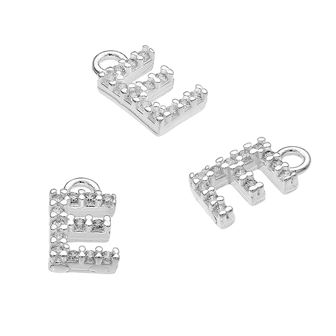 7mm alphabet charms letter E with white zirconiums and ring (1pc)