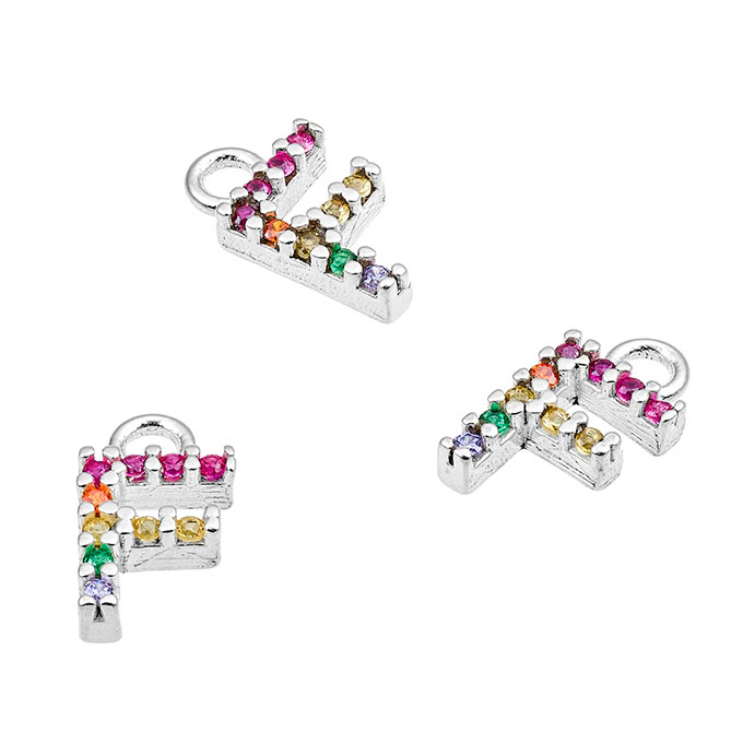 Ciondoli 7mm lettera F con zirconi multicolori e anello (1pz)