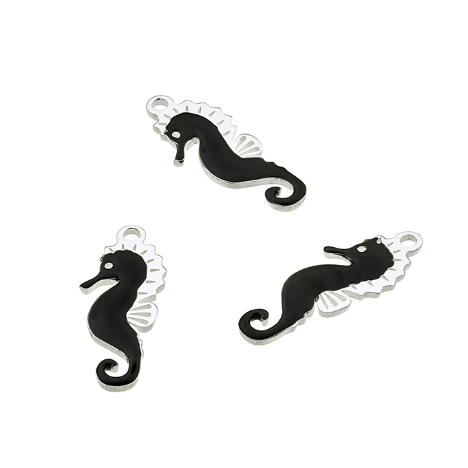 Pendentif hippocampe 6x16mm émail noir 1 anneau (1pc)