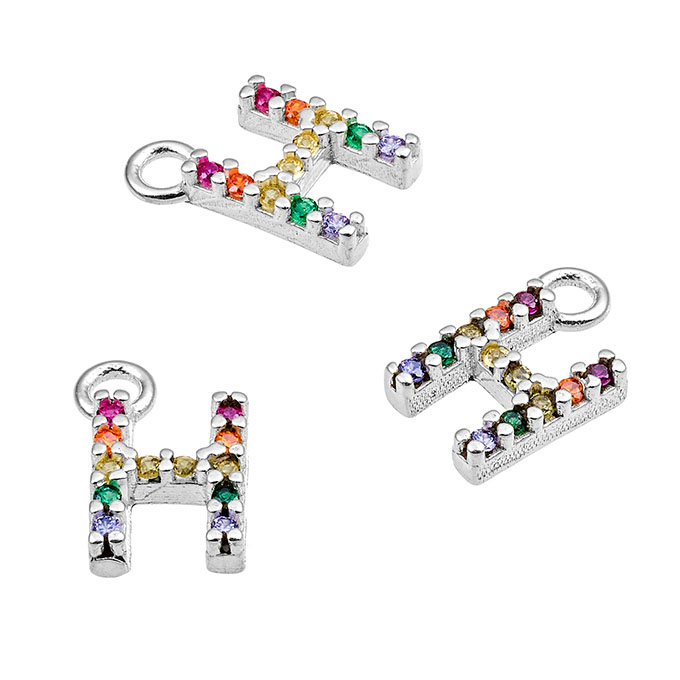 7mm alphabet charms letter H with multicolor zirconium and ring (1pc)