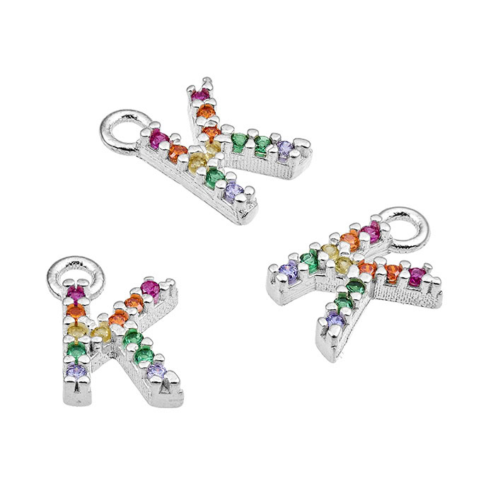 7mm alphabet charms letter K with multicolor zirconium and ring (1pc)