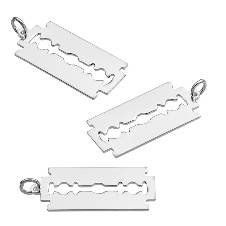 Weiss Rhodiniert – Medaille Rasierklinge 13x27mm, mit Ring hochglanzpoliert, Dicke 0,80mm (1pc)