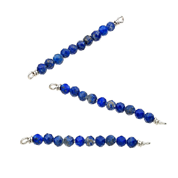 Breloques lignes de pierres fines Lapis lazuli 40mm sur fil en argent (3pcs)