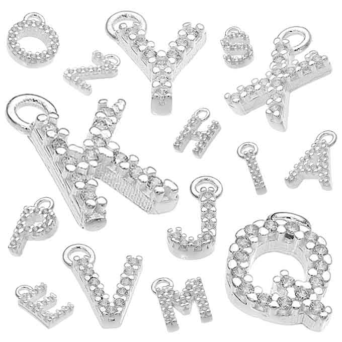 Set of 26 letter charms 7mm with white zirconiums and ring (1pc per letter=26pcs)