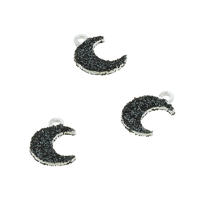 6,5x8mm moon pendant black glitter with ring (5pcs),