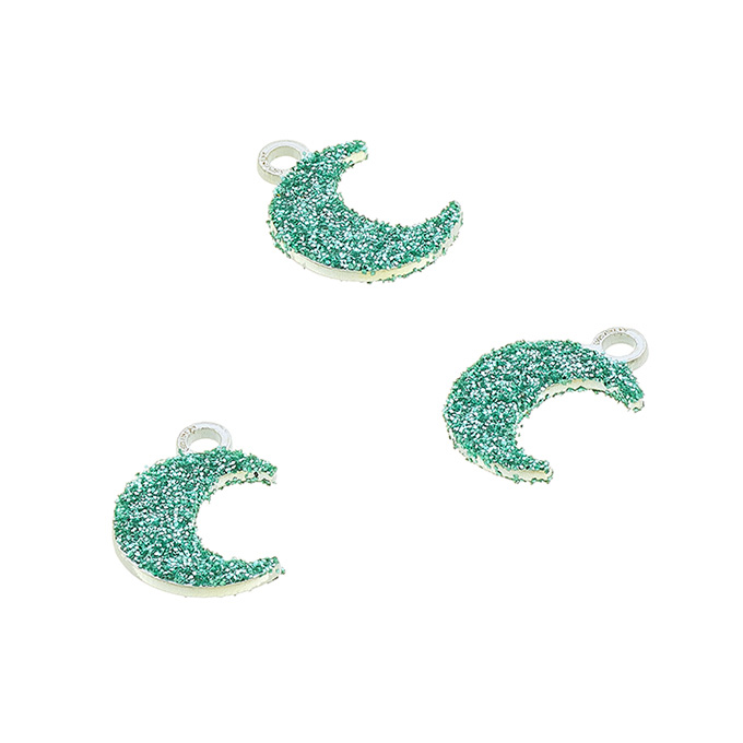 6,5x8mm moon pendant green/turquoise glitter with ring (5pcs)