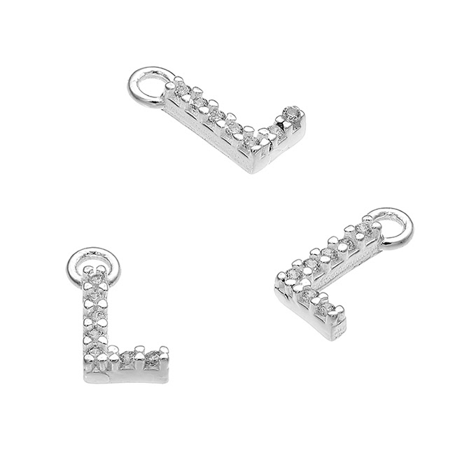 7mm alphabet charms letter L with white zirconiums and ring (1pc)