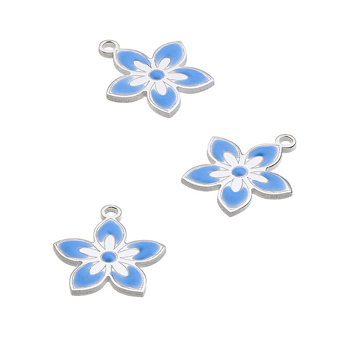 12mm light bleu enamel flower pendant with ring (1pc)