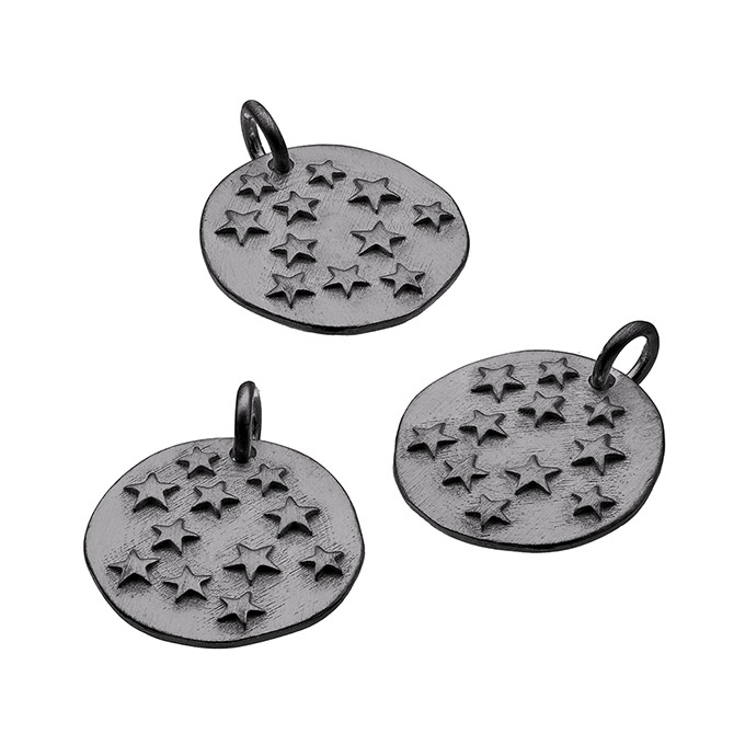 Black Rhodium – 15mm sandblasted star irregular medal bas-relief with ring (1pc)