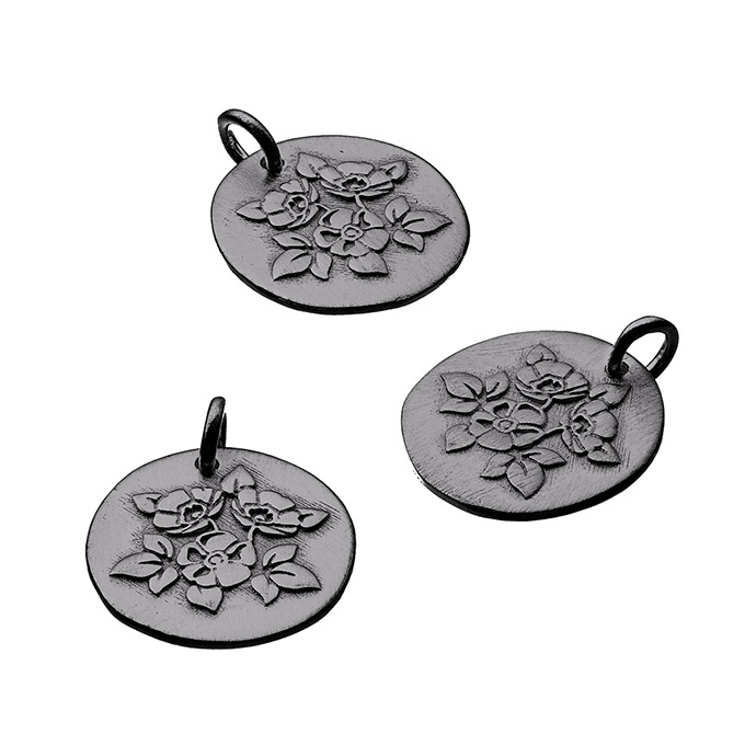 Black Rhodium – 15mm sandblasted flower irregular medal bas-relief with ring (1pc)