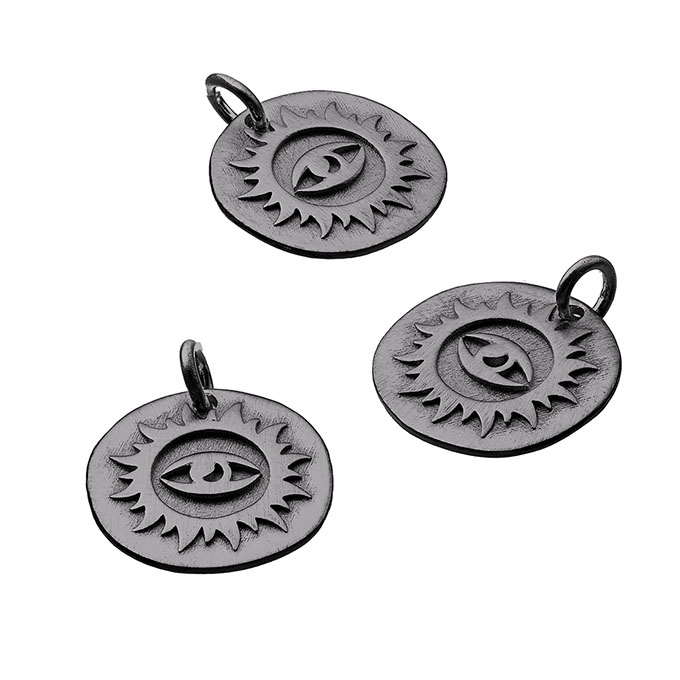 Black Rhodium – 15mm sandblasted eye irregular medal bas-relief with ring (1pc)