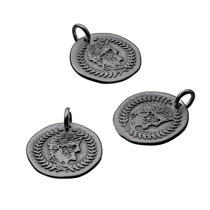 Black Rhodium – 15mm sandblasted Roman head irregular medal bas-relief with ring (1pc)