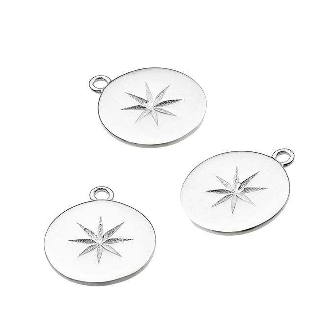 12mm compass rose medal with ring hand polished (1pc)