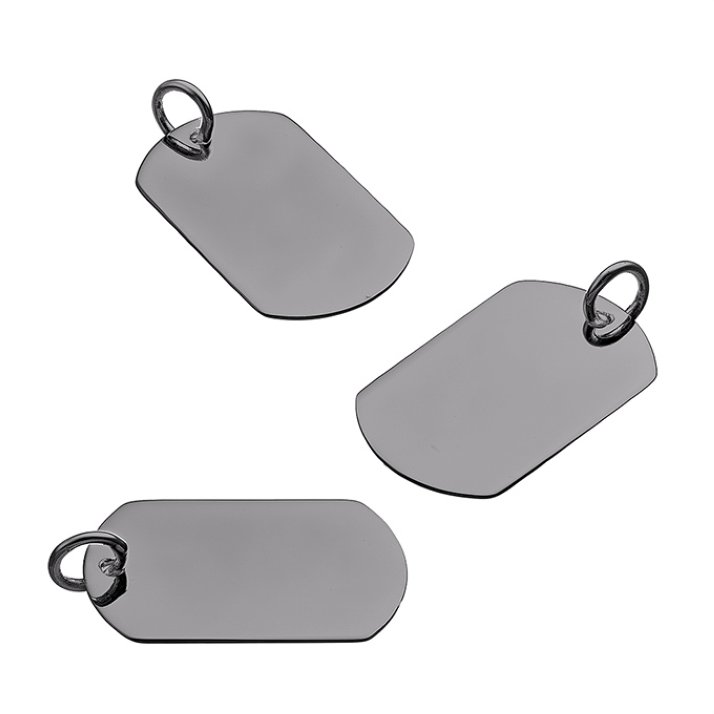 Black Rhodium – 13x21mm engravable military style medal, with hand polished ring, thickness 0,5mm (1pc)