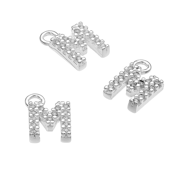 7mm alphabet charms letter M with white zirconiums and ring (1pc)