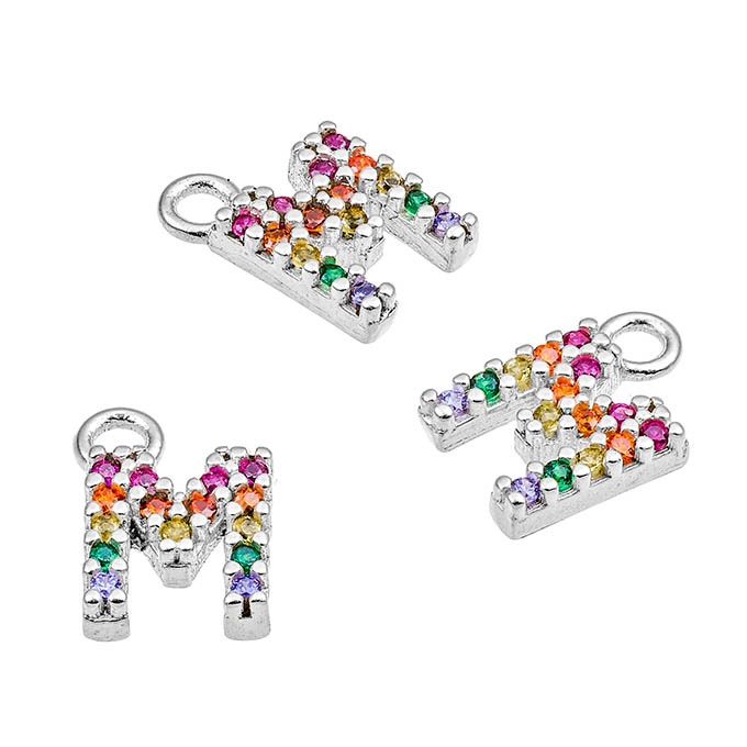 7mm alphabet charms letter M with multicolor zirconium and ring (1pc)