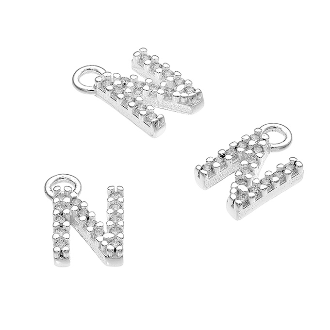 Breloques 7mm lettre N zirconiums blancs avec anneau (1pc)