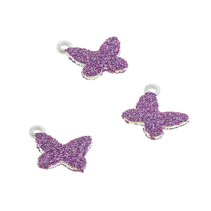 Ciondoli farfalla con paillettes rosa 7,5mm con anello (5pz)