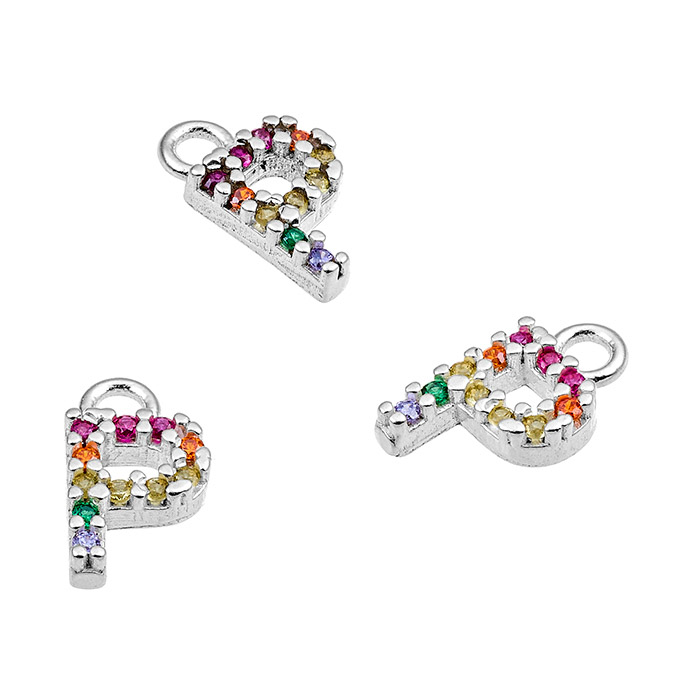 Ciondoli 7mm lettera P con zirconi multicolori e anello (1pz)