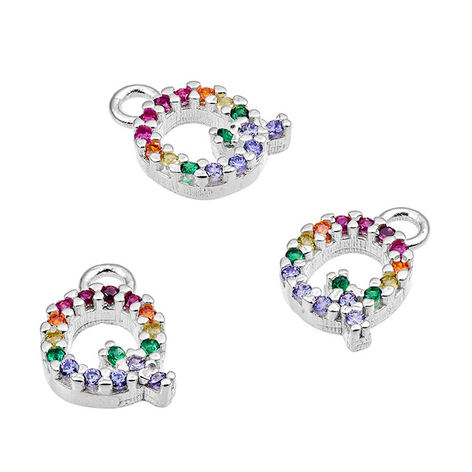 Breloques 7mm lettre Q zirconiums multicolores avec anneau (1pc)