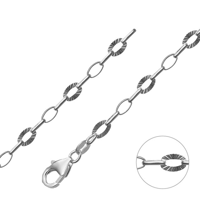 Weiss Rhodiniert – Jasseronkette oval abwechselnd flacher Ring/ Sonne 4,4mm (1m)