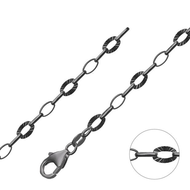 Schwarz Rhodiniert – Jasseronkette oval abwechselnd flacher Ring/ Sonne 4,4mm (1m)
