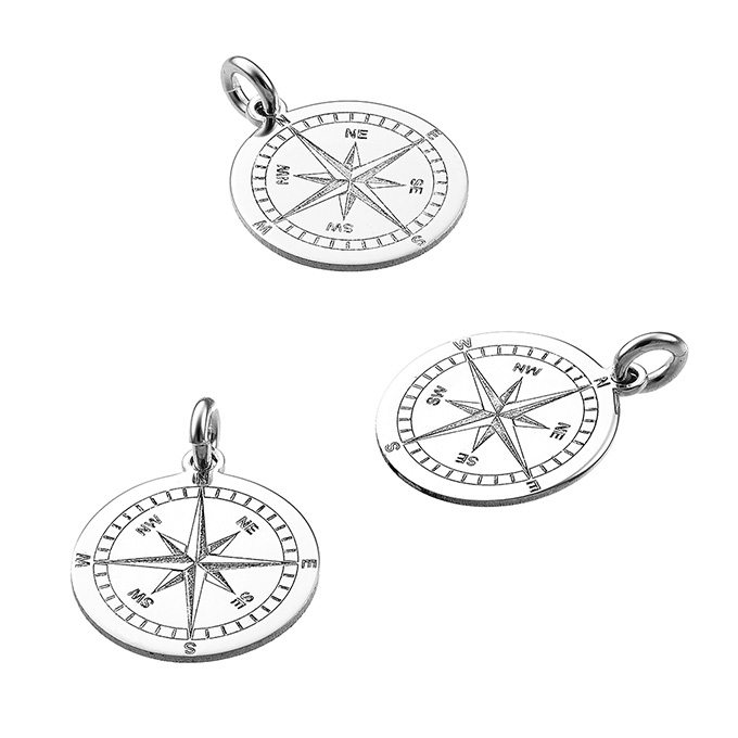 12mm compass rose medals hand polished with ring (3pcs)