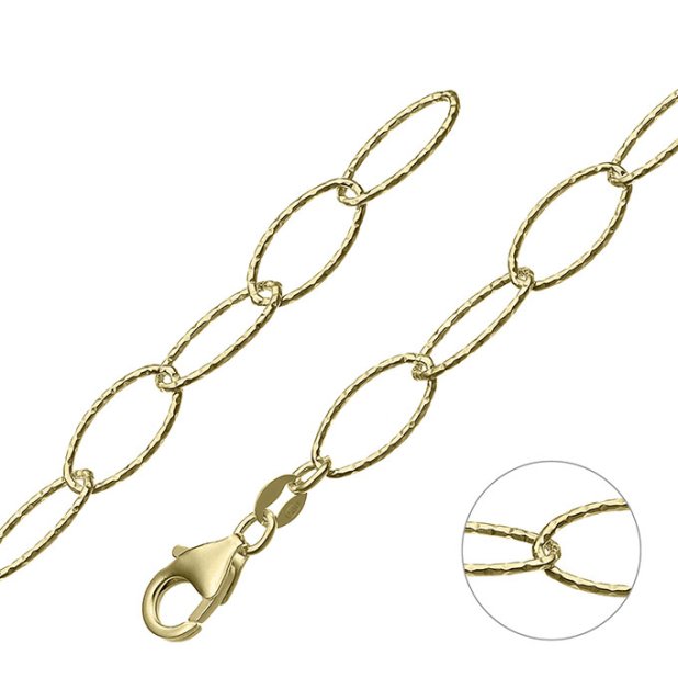 Goldgelb Vergoldet 1µ – Ovale Kettenglieder 7x14mm gehämmert Draht 0,9mm (1m)