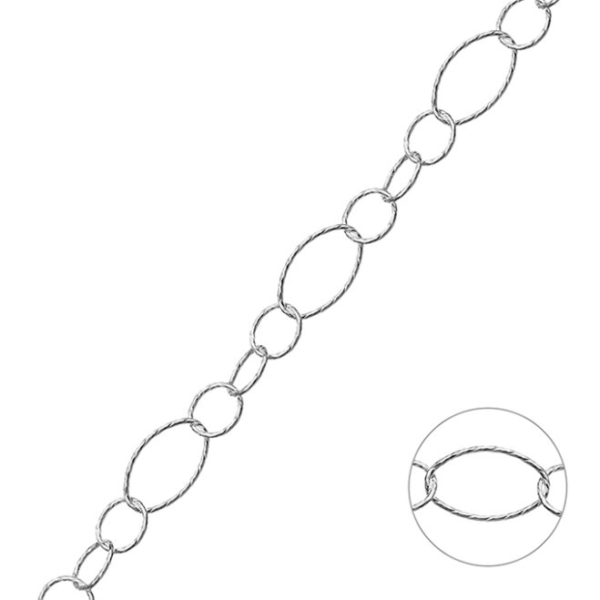 Weiss Rhodiniert – Kette abwechselnd oval 7,5mm und rund 6,8mm (1m)