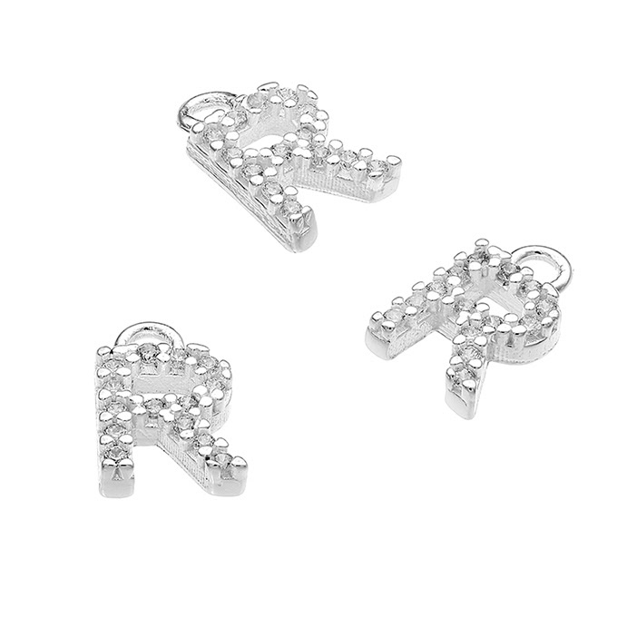 7mm alphabet charms letter R with white zirconiums and ring (1pc)