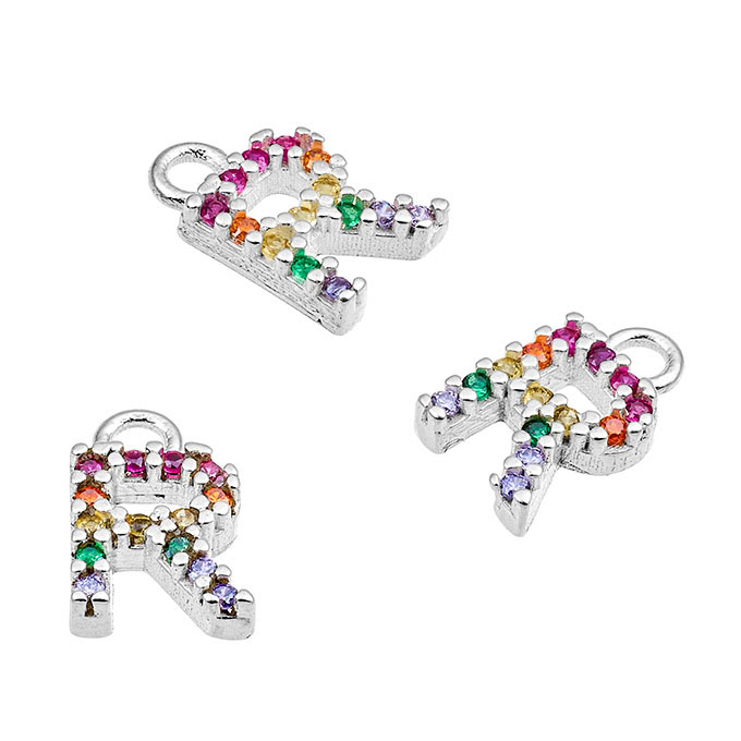 Breloques 7mm lettre R zirconiums multicolores avec anneau (1pc)