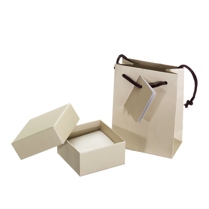 Beige jewellery gift box for rings and earrings 50x50x35mm with shopper bag (1pc)