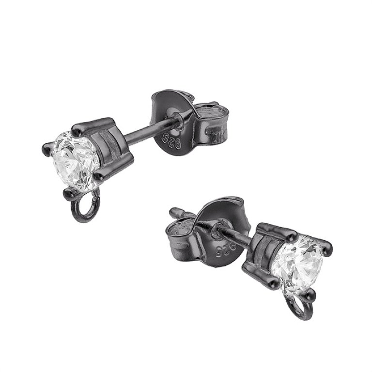 Black Rhodium – 4mm cubic zirconia earring support with ring (1pc)