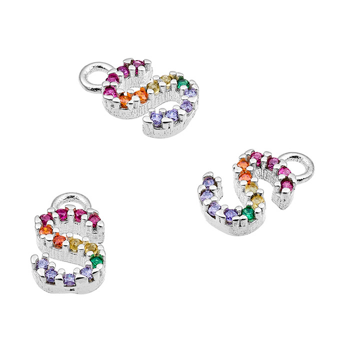 Ciondoli 7mm lettera S con zirconi multicolori e anello (1pz)