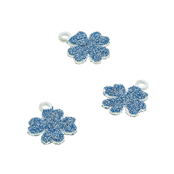 Pendentif trèfle pailleté bleu 7,5mm avec anneau (5pcs)