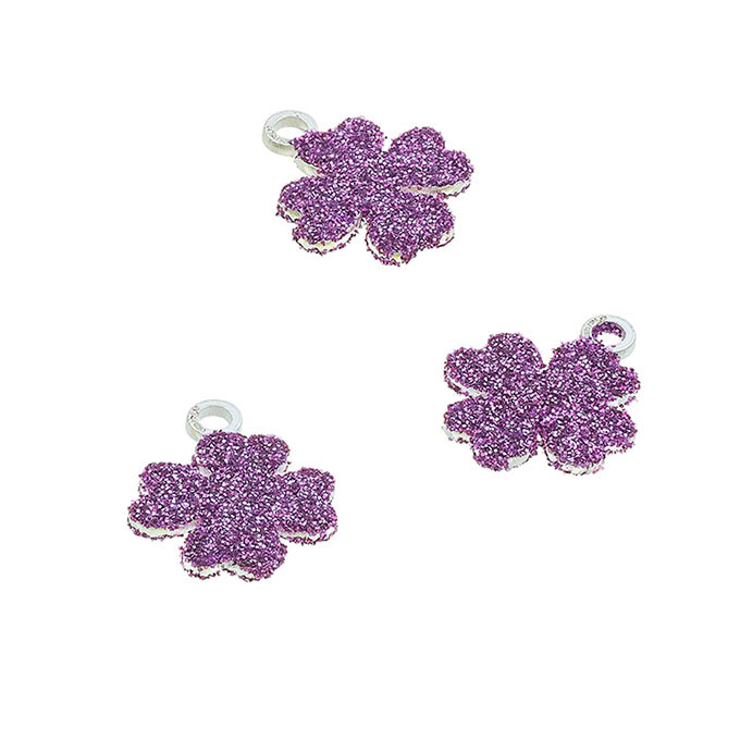 Pendentif trèfle pailleté rose 7,5mm avec anneau (5pcs)