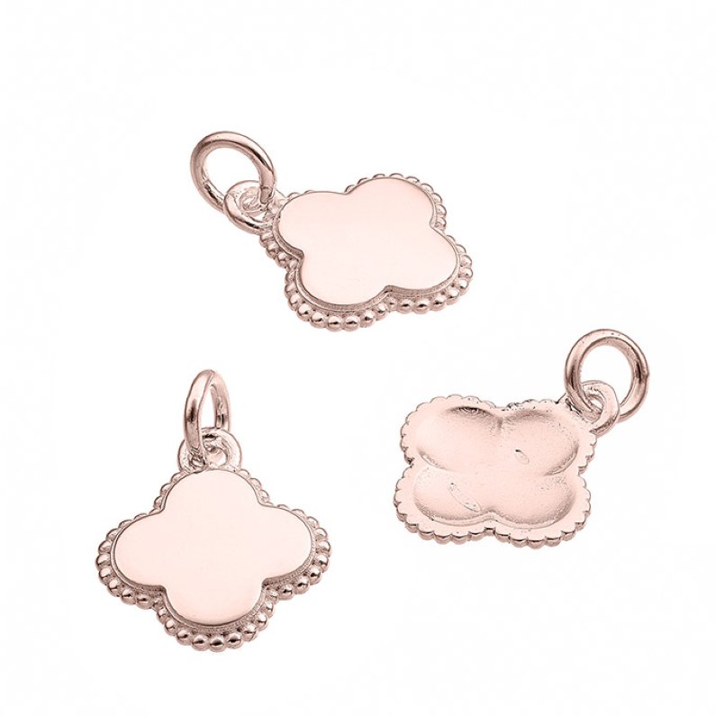Pink Gold 1µ – 12mm engravable hollow clover pendant, beaded edge (1pc)