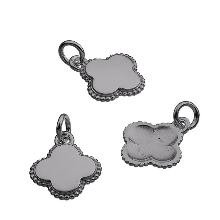 Black Rhodium – 12mm engravable hollow clover pendant, beaded edge (1pc)