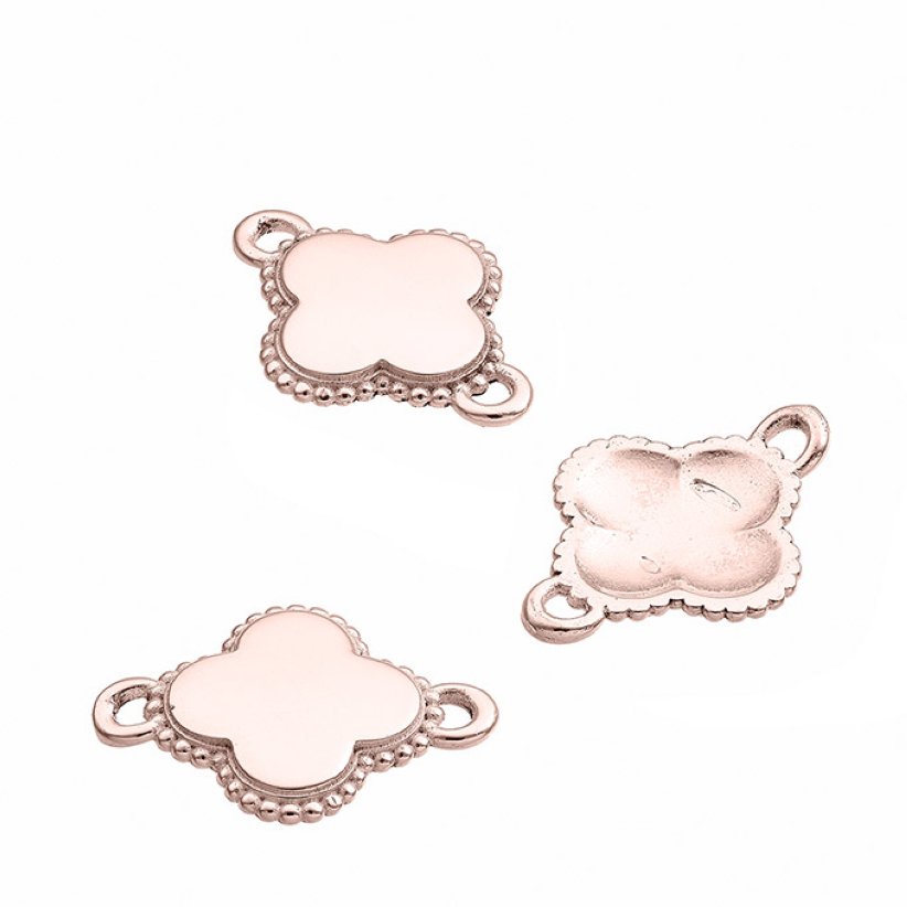 Pink Gold 1µ – 12mm engravable hollow clover pendant, beaded edge with 2 rings (1pc)