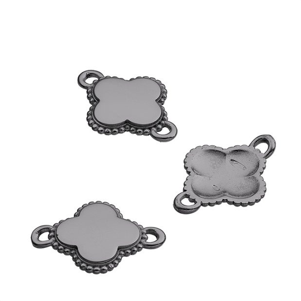 Black Rhodium – 12mm engravable hollow clover pendant, beaded edge with 2 rings (1pc)