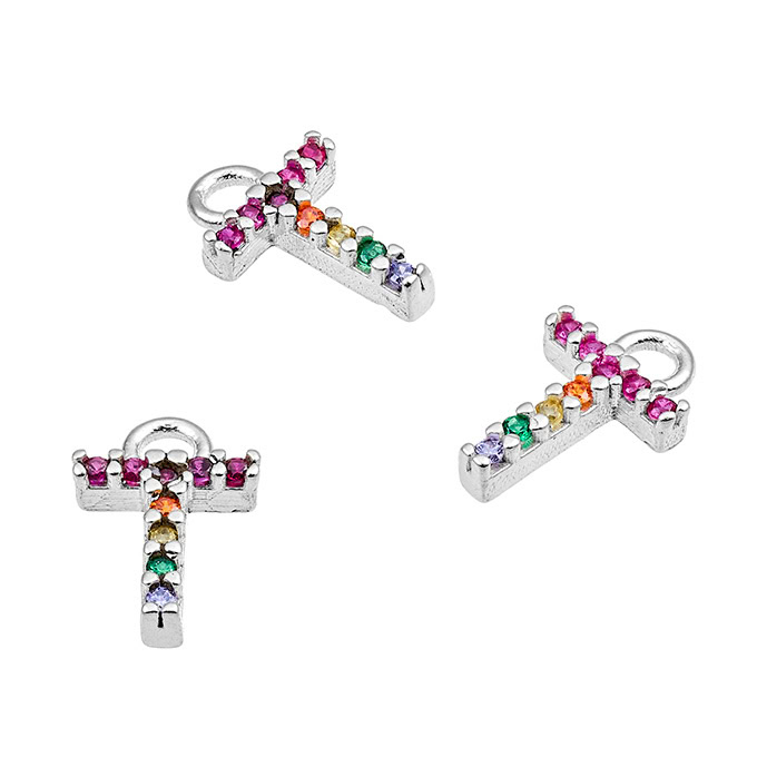 7mm alphabet charms letter T with multicolor zirconium and ring (1pc)