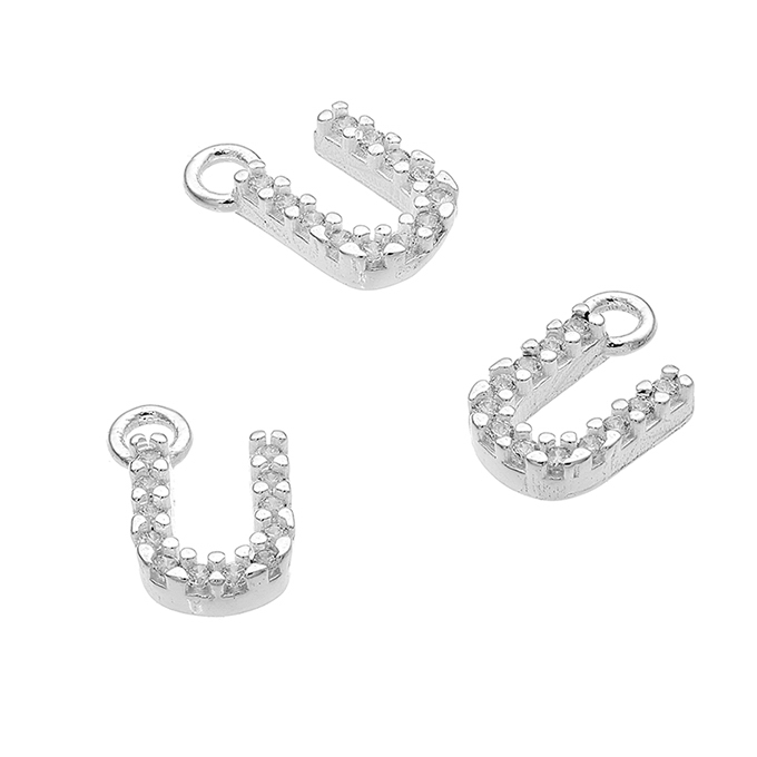 7mm alphabet charms letter U with white zirconiums and ring (1pc)