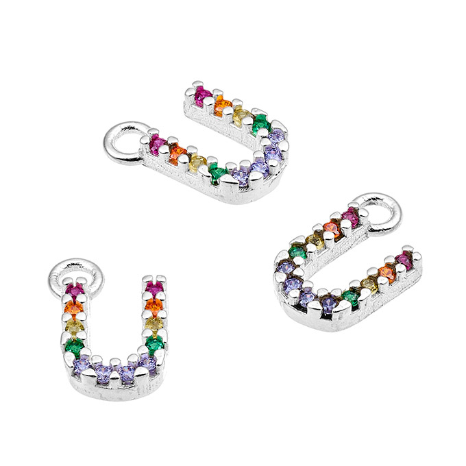 Ciondoli 7mm lettera U con zirconi multicolori e anello (1pz)