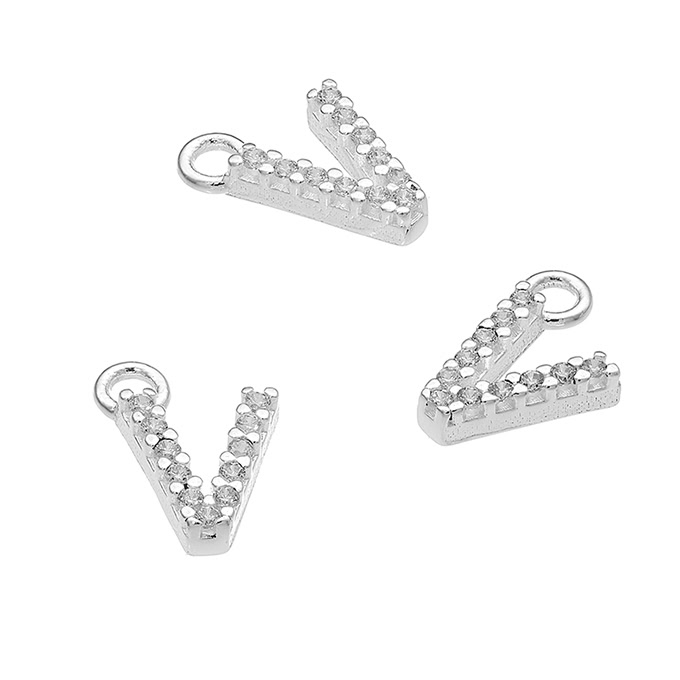 7mm alphabet charms letter V with white zirconiums and ring (1pc)