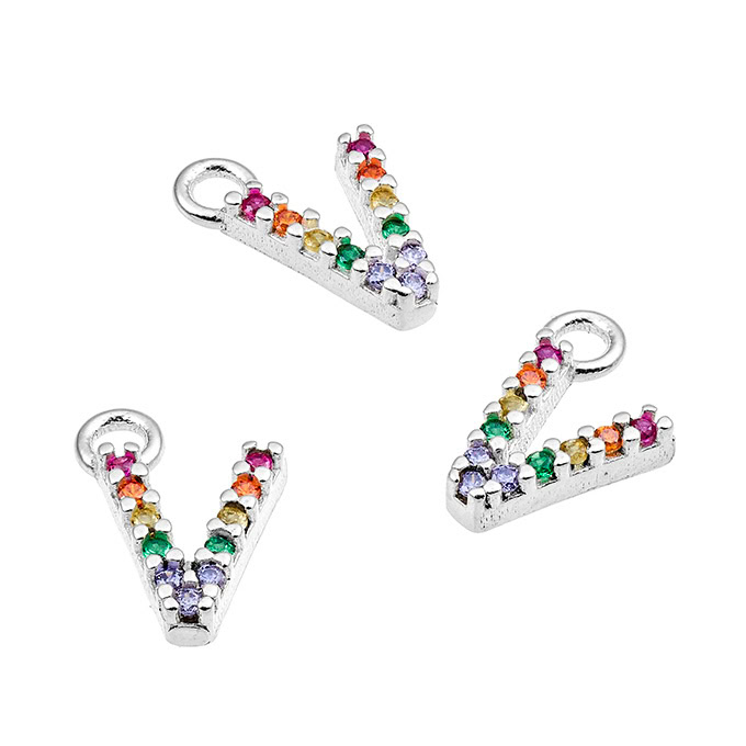 7mm alphabet charms letter V with multicolor zirconium and ring (1pc)