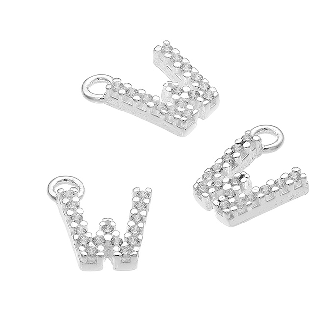 7mm alphabet charms letter W with white zirconiums and ring (1pc)