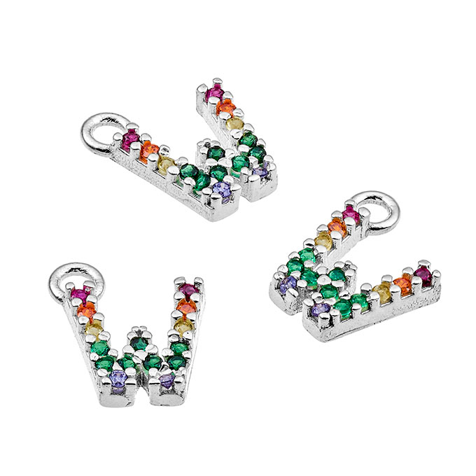 7mm alphabet charms letter W with multicolor zirconium and ring (1pc)