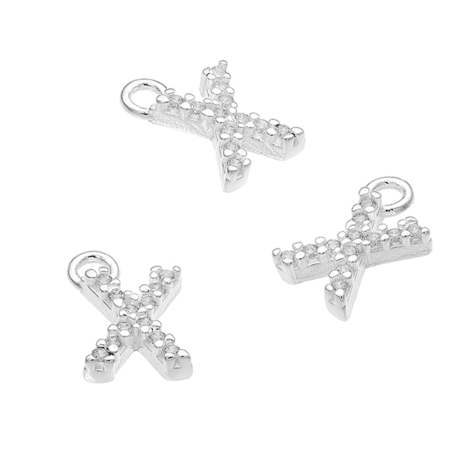 7mm alphabet charms letter X with white zirconiums and ring (1pc)