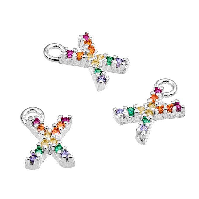 Ciondoli 7mm lettera X con zirconi multicolori e anello (1pz)