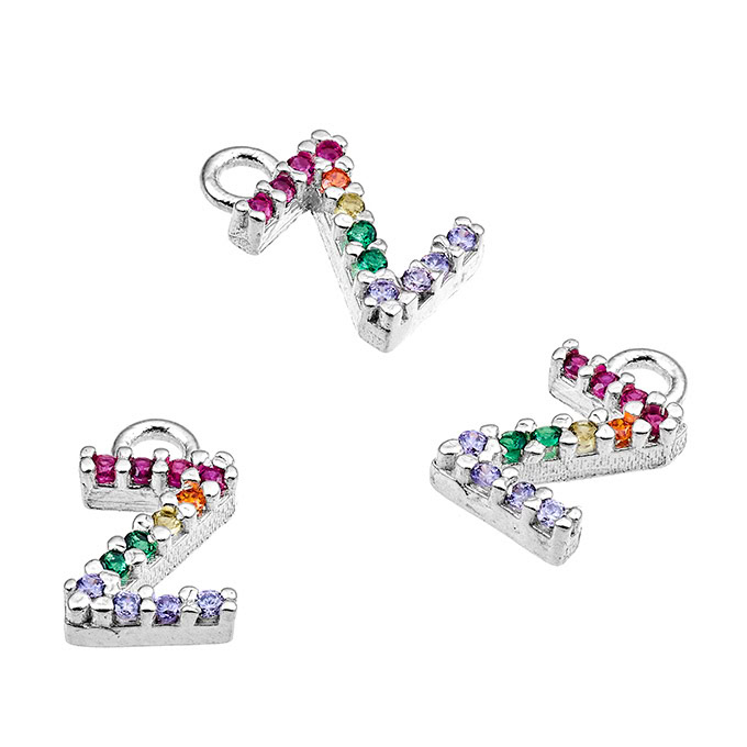 7mm alphabet charms letter Z with multicolor zirconium and ring (1pc)